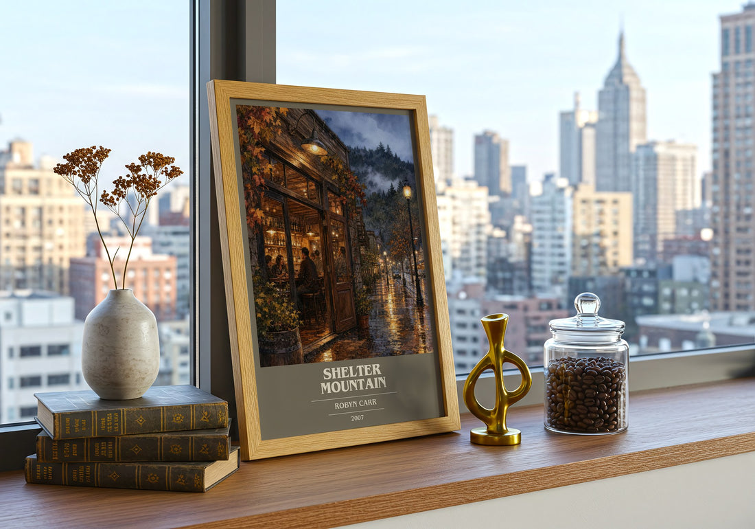 Shelter Mountain book cover print framed by window – literary home decor