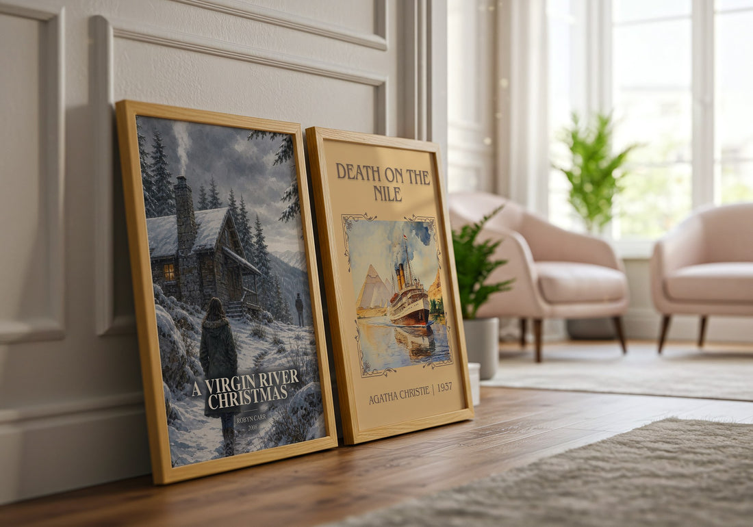 A Virgin River Christmas watercolour print framed by window – literary home decor