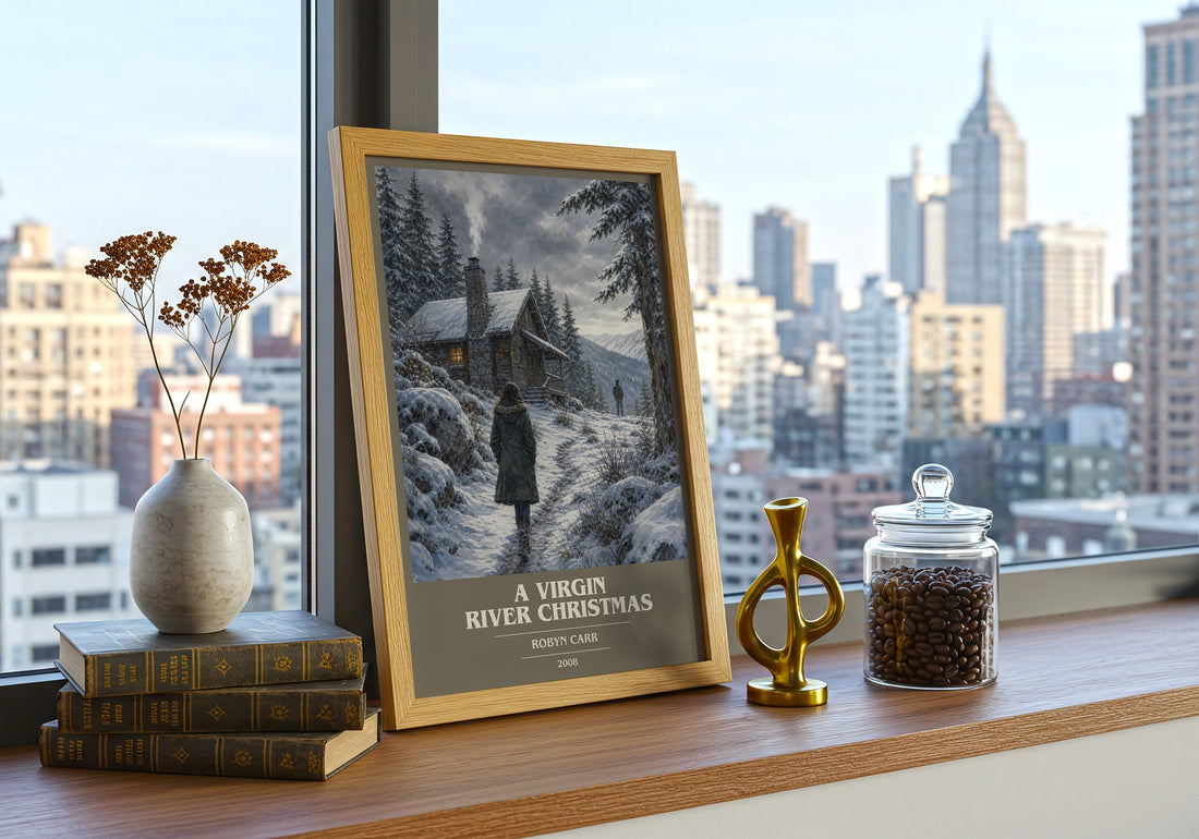 A Virgin River Christmas book cover print framed by window – literary home decor