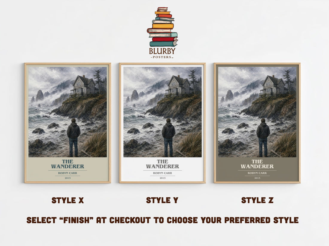 The Wanderer book cover print in frame leaning in hallway – romance wall art (mockup)