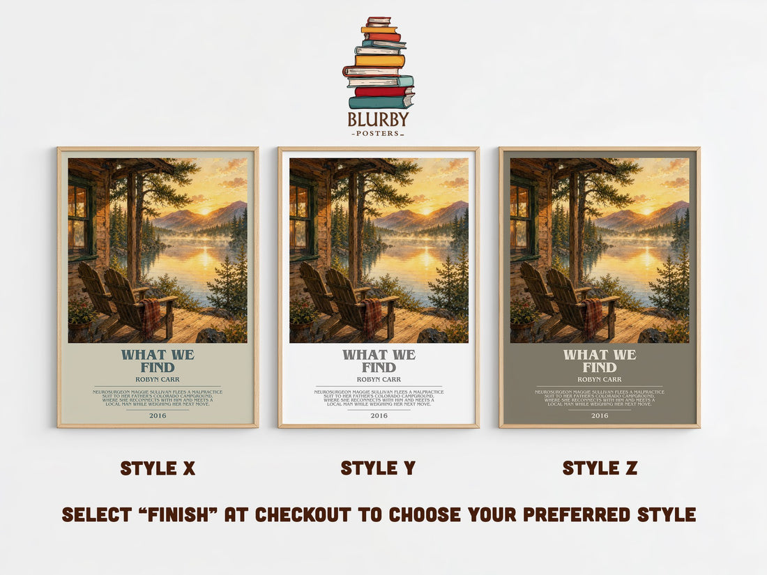 What We Find bookish print in frame leaning in hallway – contemporary fiction wall art (mockup)