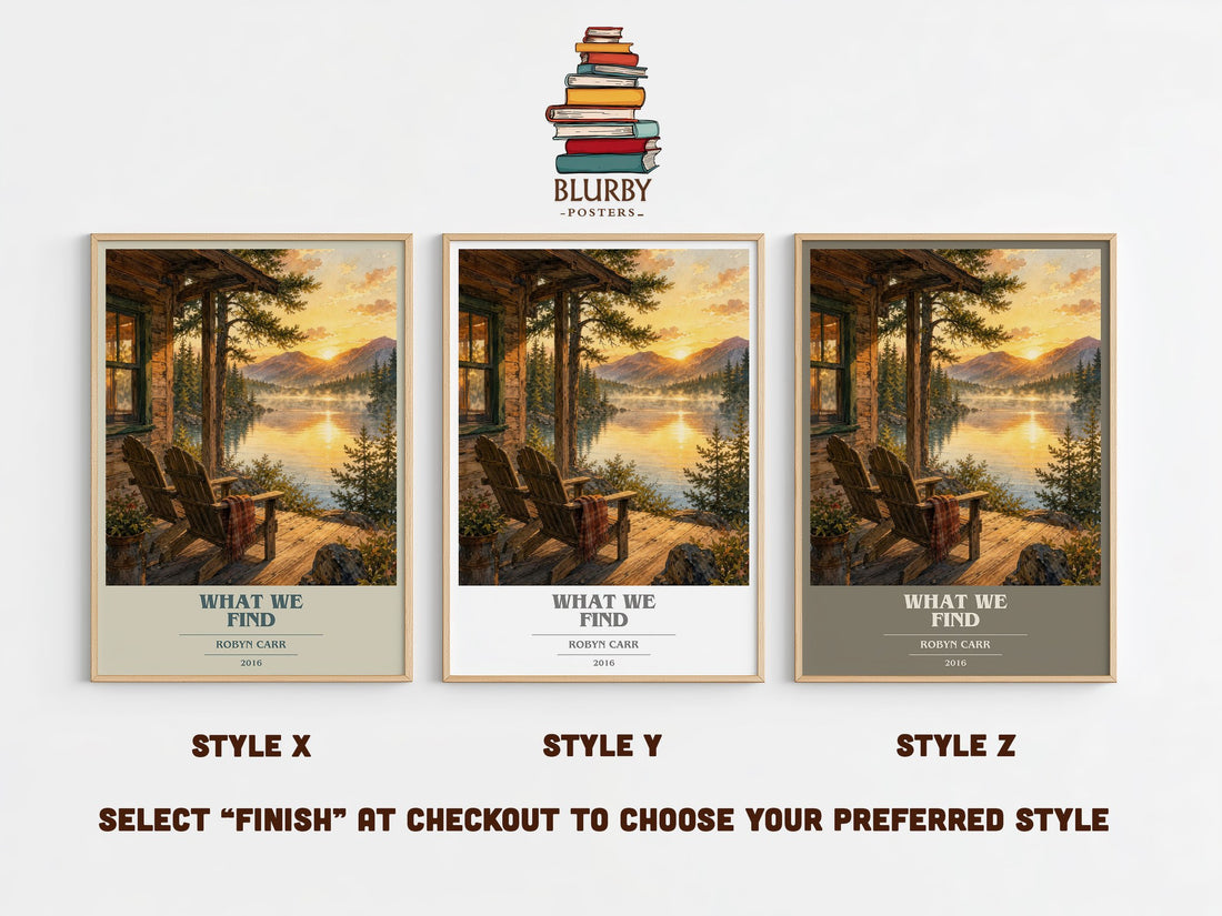 What We Find book cover print in frame leaning in hallway – contemporary fiction wall art (mockup)