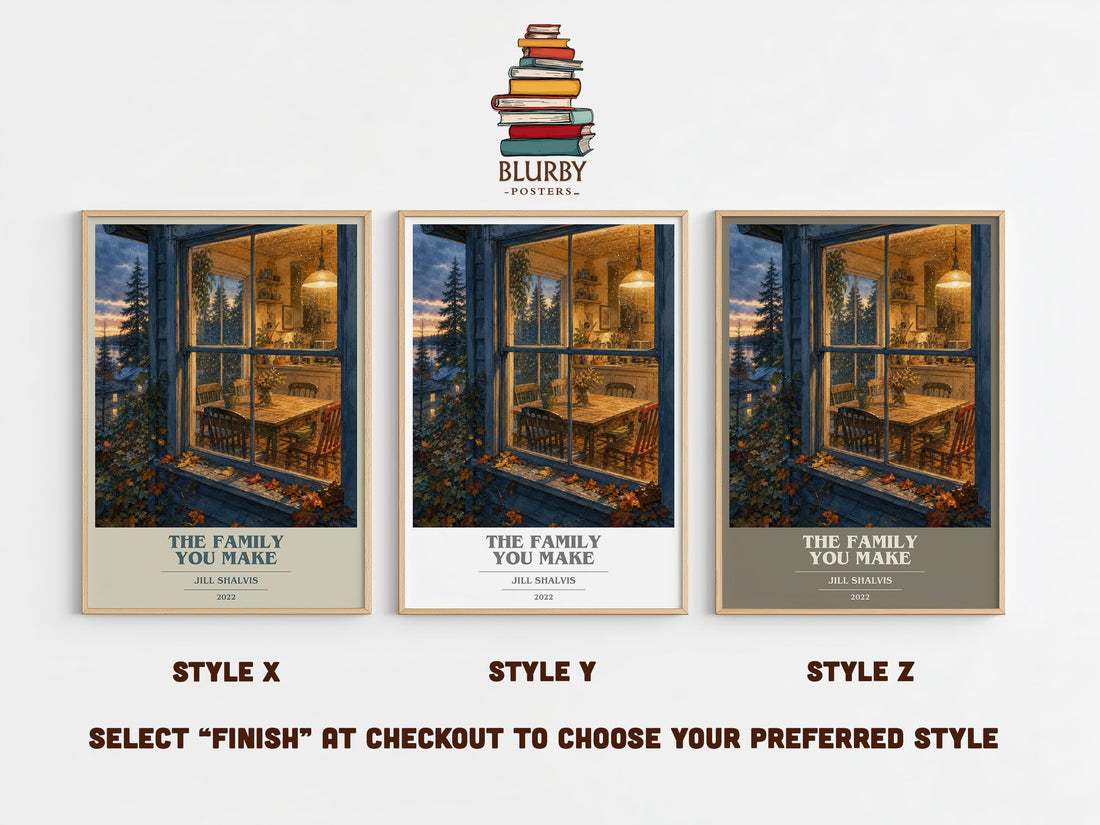 The Family You Make book cover print in frame leaning in hallway – romance wall art (mockup)