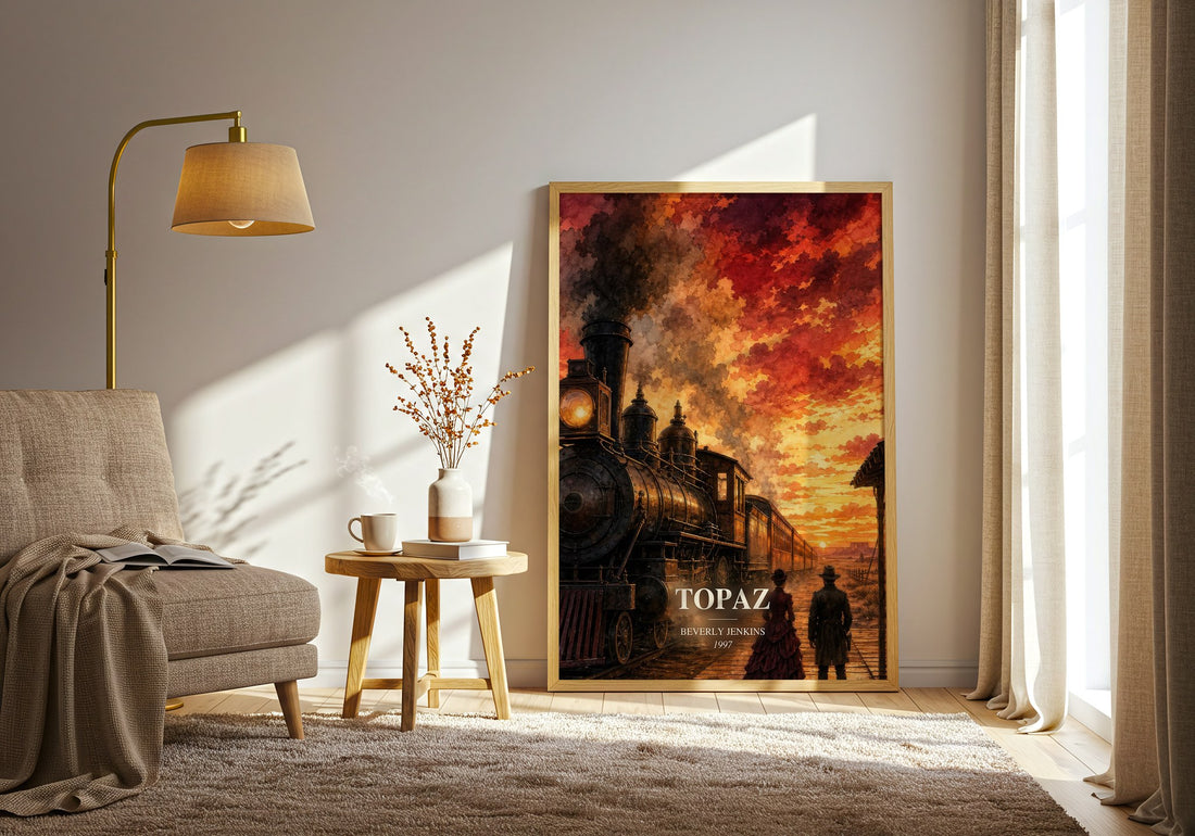 Topaz watercolour print in frame leaning in hallway – romance wall art (mockup)