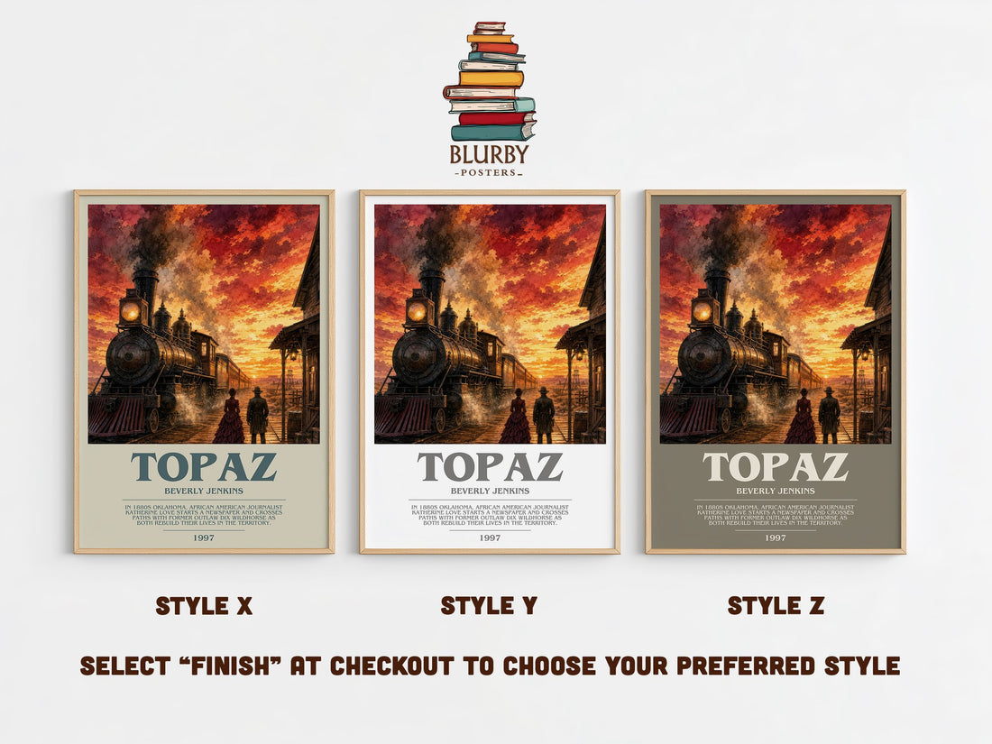 Topaz bookish print in frame leaning in hallway – romance wall art (mockup)