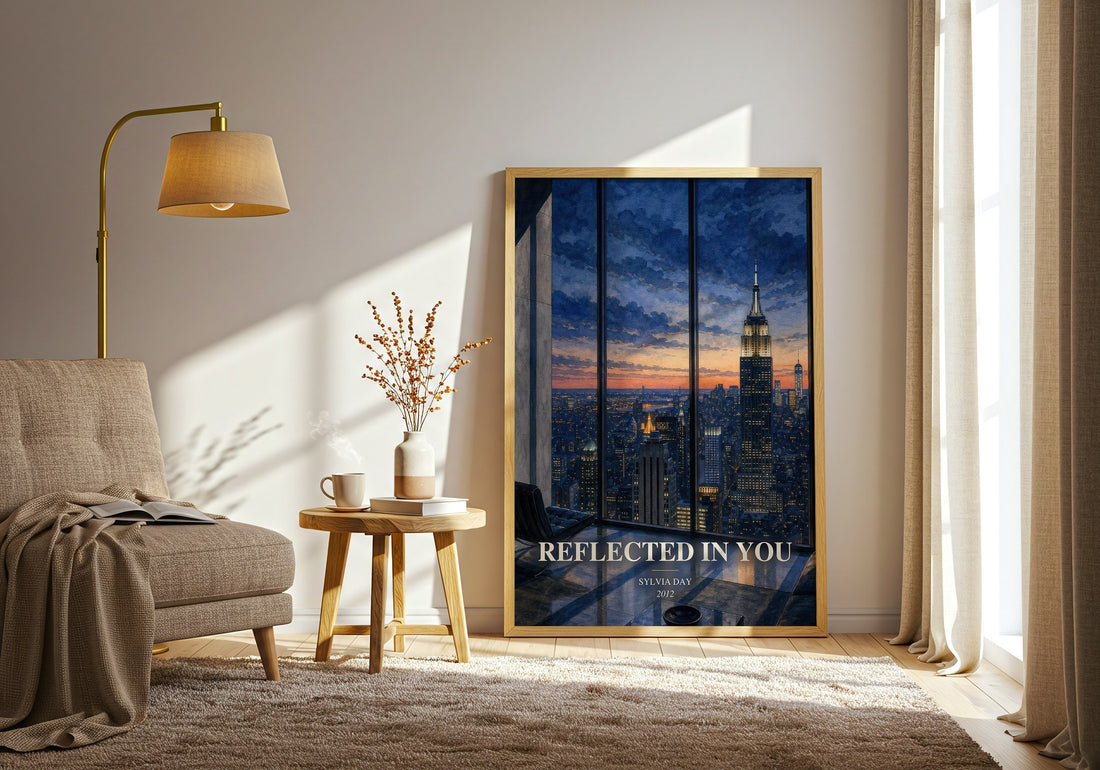 Reflected in You watercolour print in frame leaning in hallway – romance wall art (mockup)