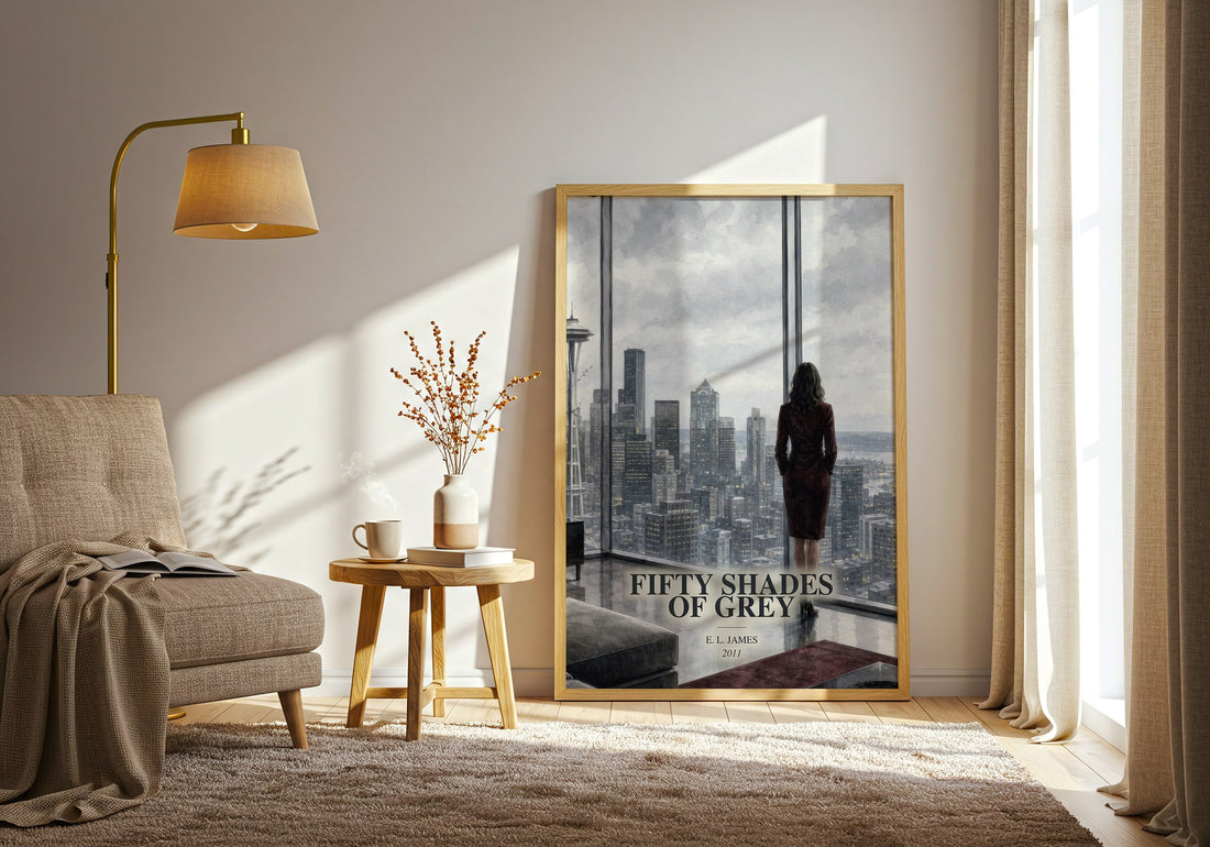 Fifty Shades of Grey watercolour print in frame leaning in hallway – romance wall art (mockup)