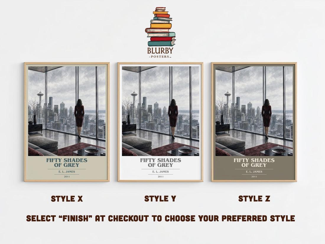 Fifty Shades of Grey book cover print in frame leaning in hallway – romance wall art (mockup)