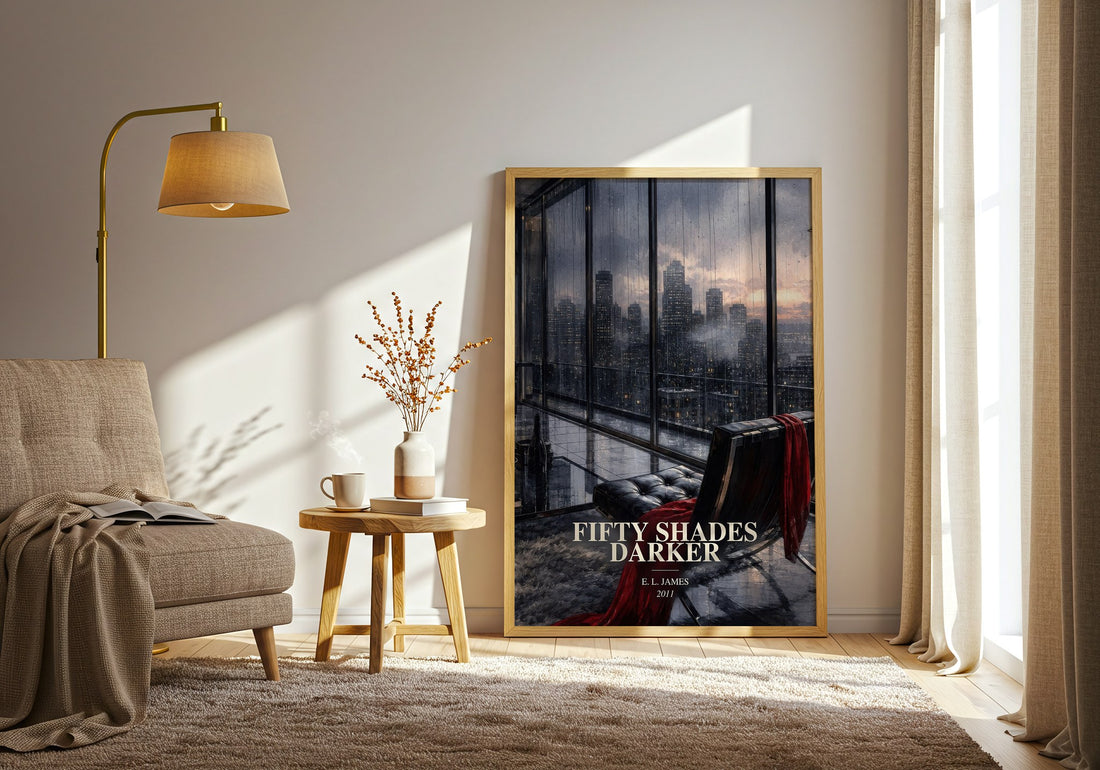 Fifty Shades Darker watercolour print in frame leaning in hallway – romance wall art (mockup)