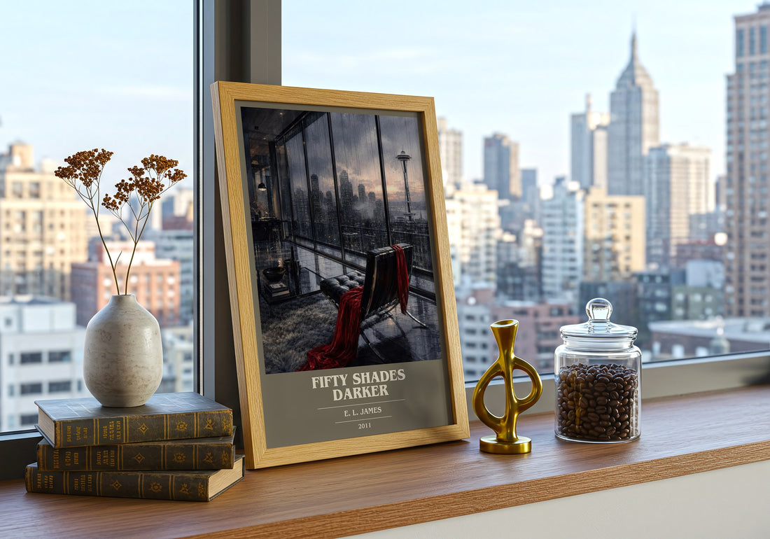 Fifty Shades Darker book cover print framed by window – literary home decor
