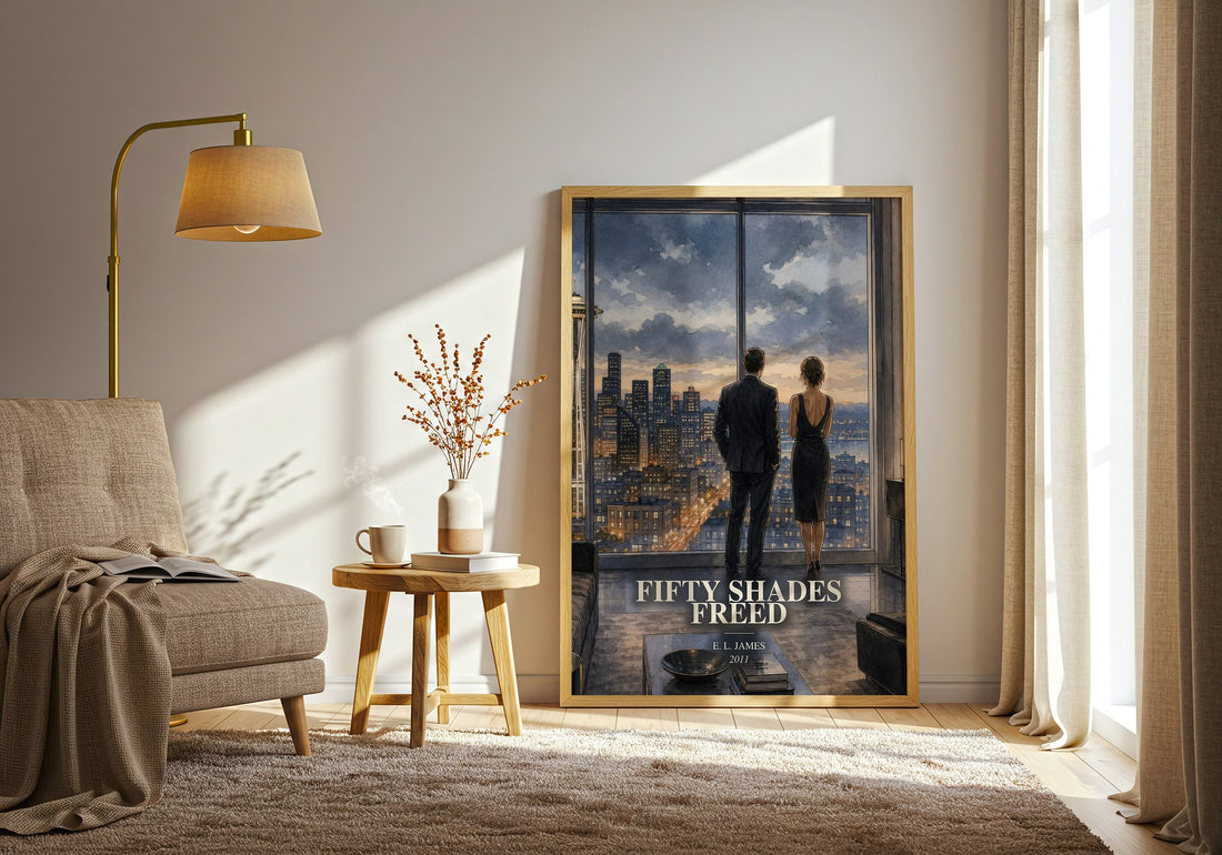 Fifty Shades Freed watercolour print in frame leaning in hallway – romance wall art (mockup)