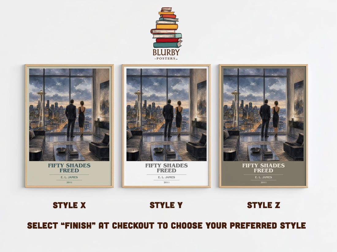 Fifty Shades Freed book cover print in frame leaning in hallway – romance wall art (mockup)