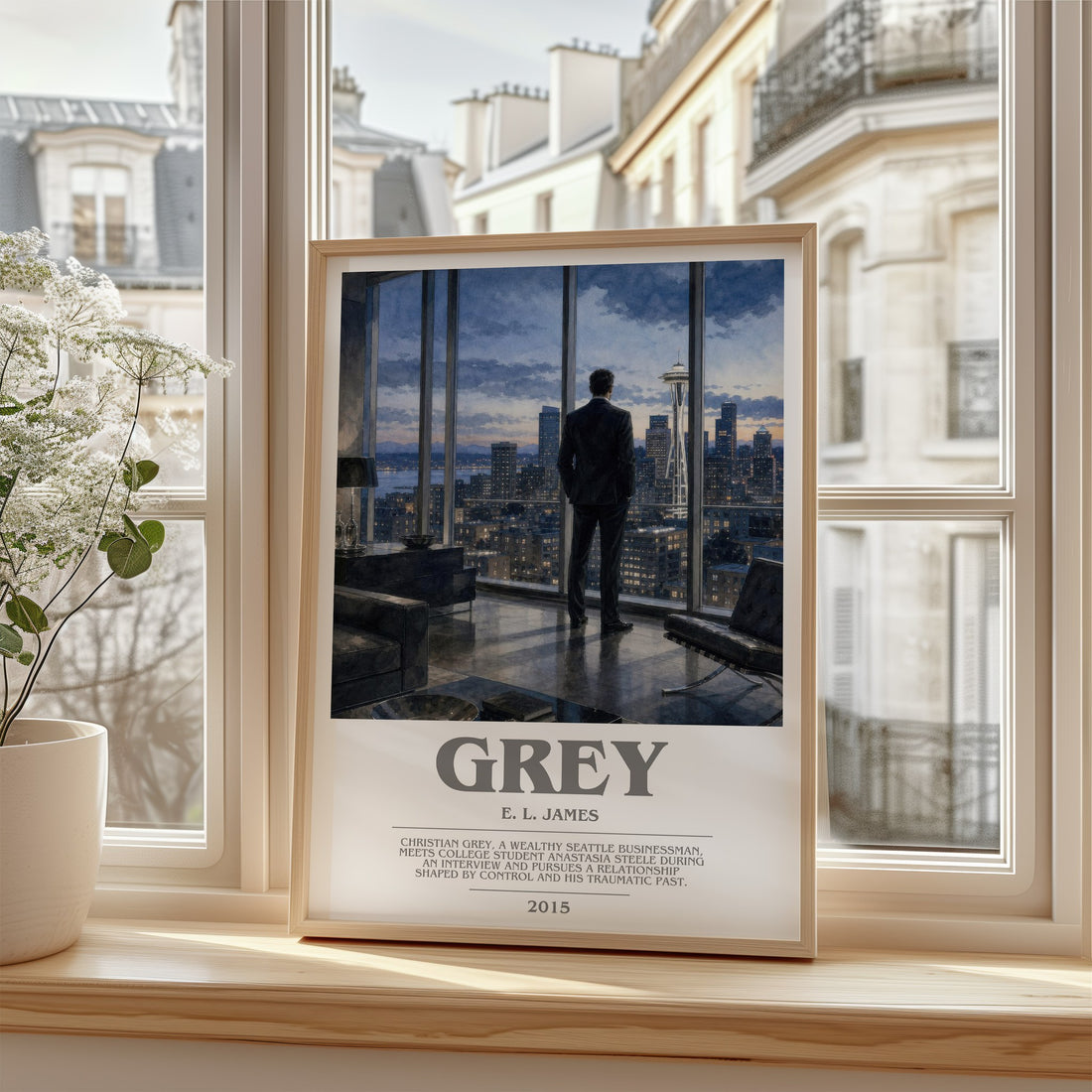 Grey bookish poster colour and style options – E. L. James book art (mockup)