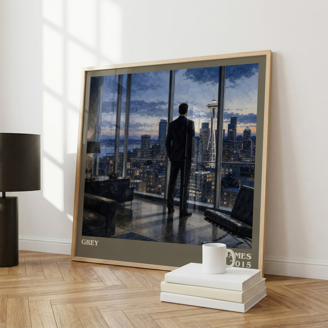 Grey Literary Art Print by E. L. James – large square framed print leaning against a wall