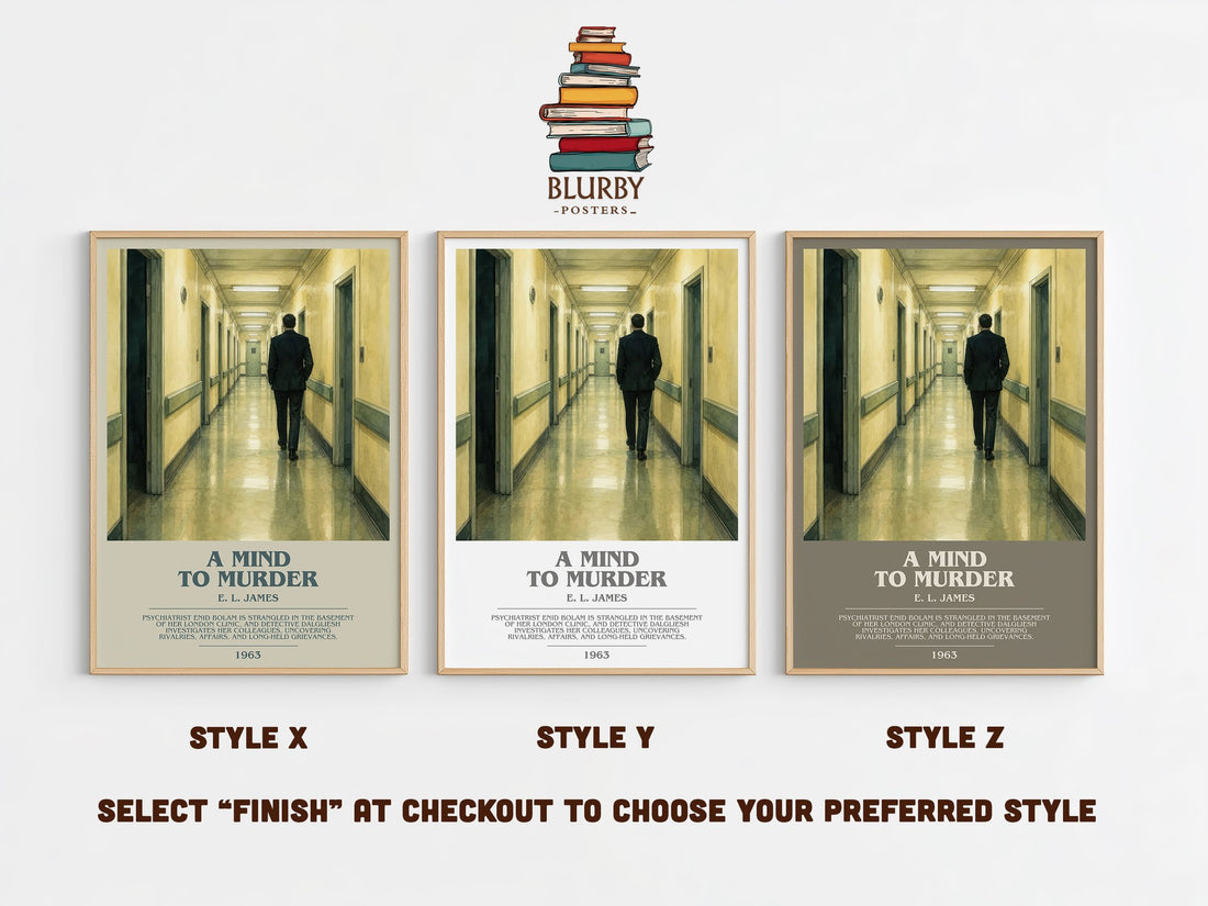 A Mind to Murder bookish print in frame leaning in hallway – mystery wall art (mockup)
