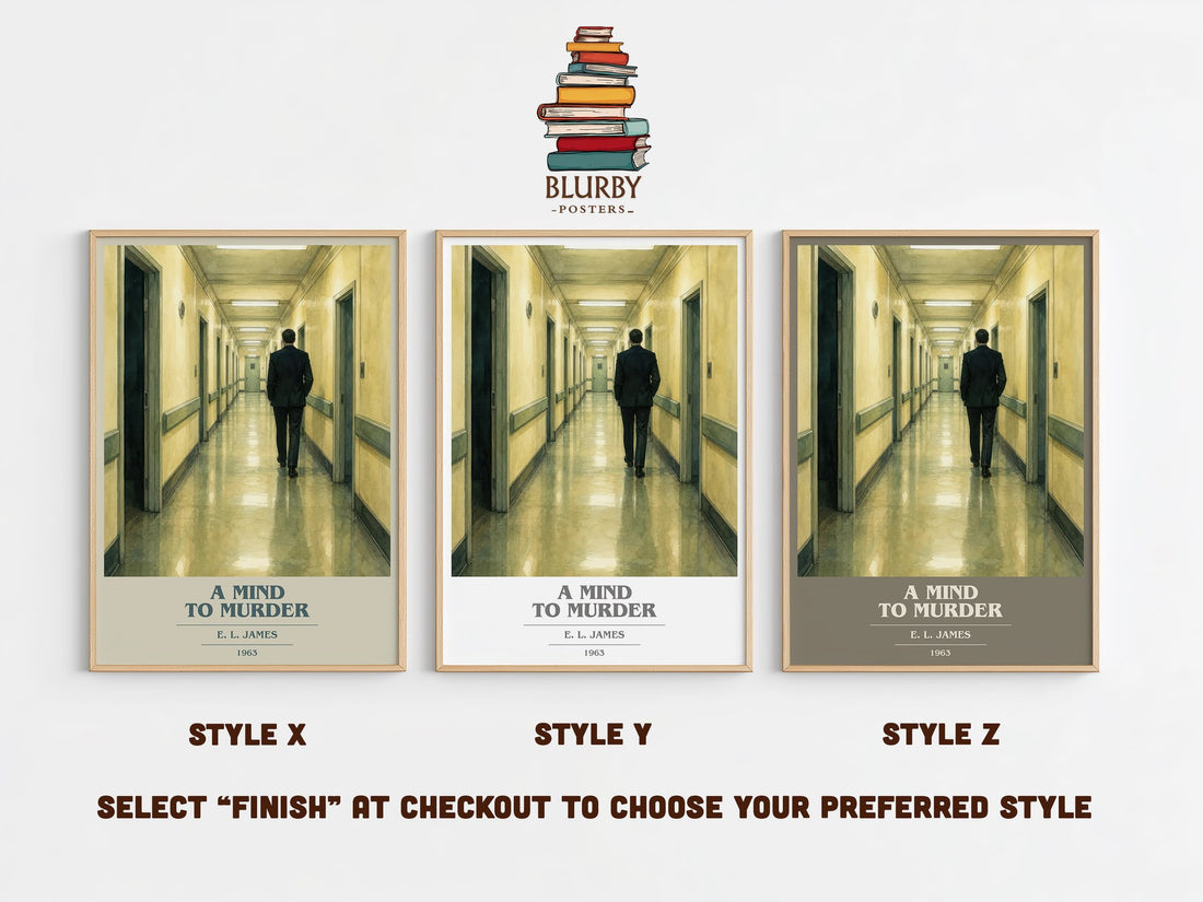 A Mind to Murder book cover print in frame leaning in hallway – mystery wall art (mockup)