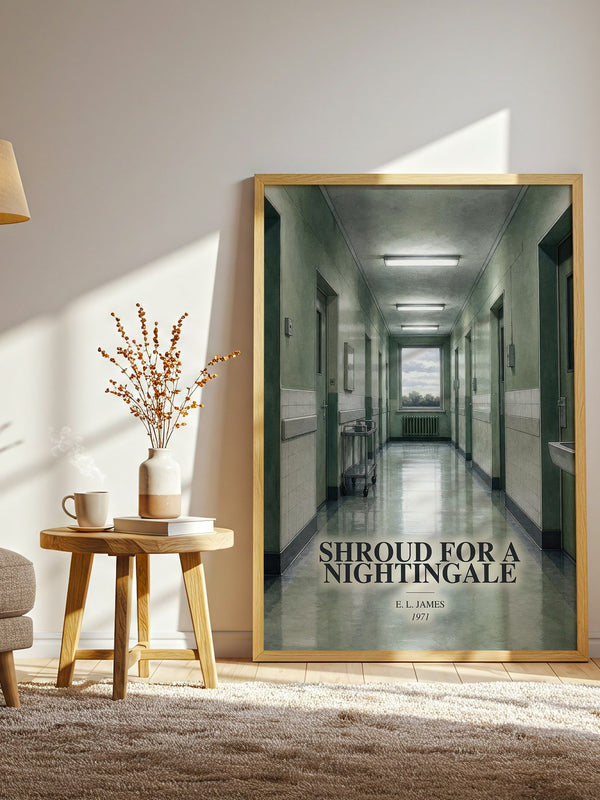 Shroud for a Nightingale watercolour print in frame leaning in hallway – mystery wall art