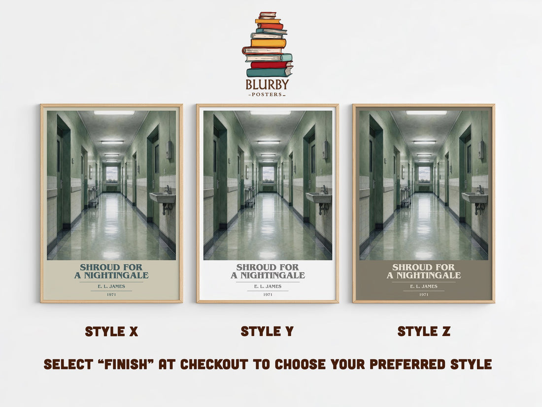 Shroud for a Nightingale book cover print in frame leaning in hallway – mystery wall art (mockup)