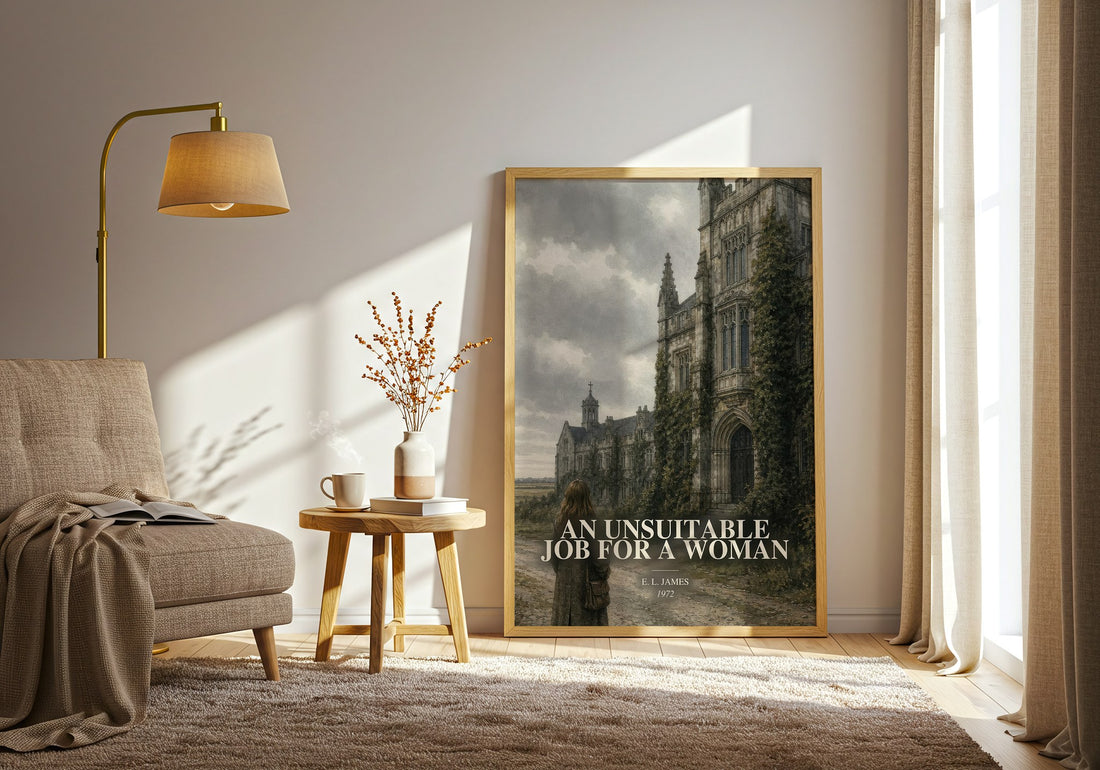 An Unsuitable Job for a Woman watercolour print in frame leaning in hallway – crime wall art (mockup)