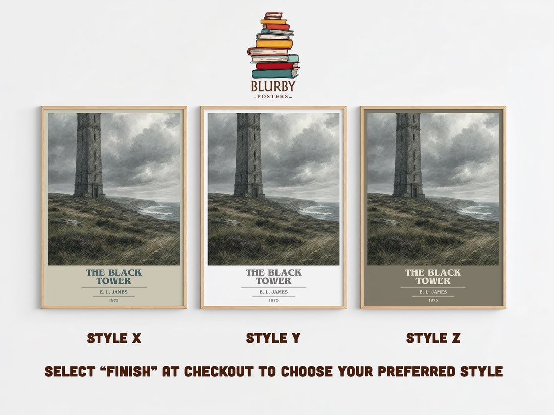 The Black Tower book cover print in frame leaning in hallway – mystery wall art (mockup)