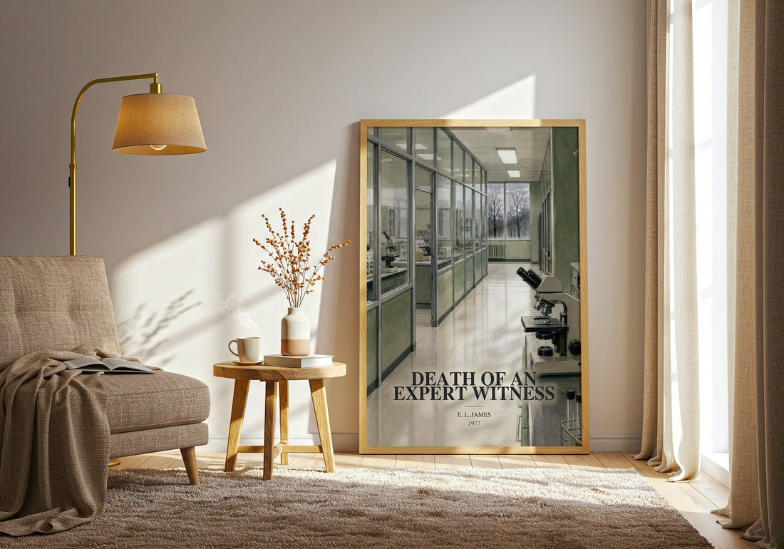 Death of an Expert Witness watercolour print in frame leaning in hallway – crime wall art (mockup)