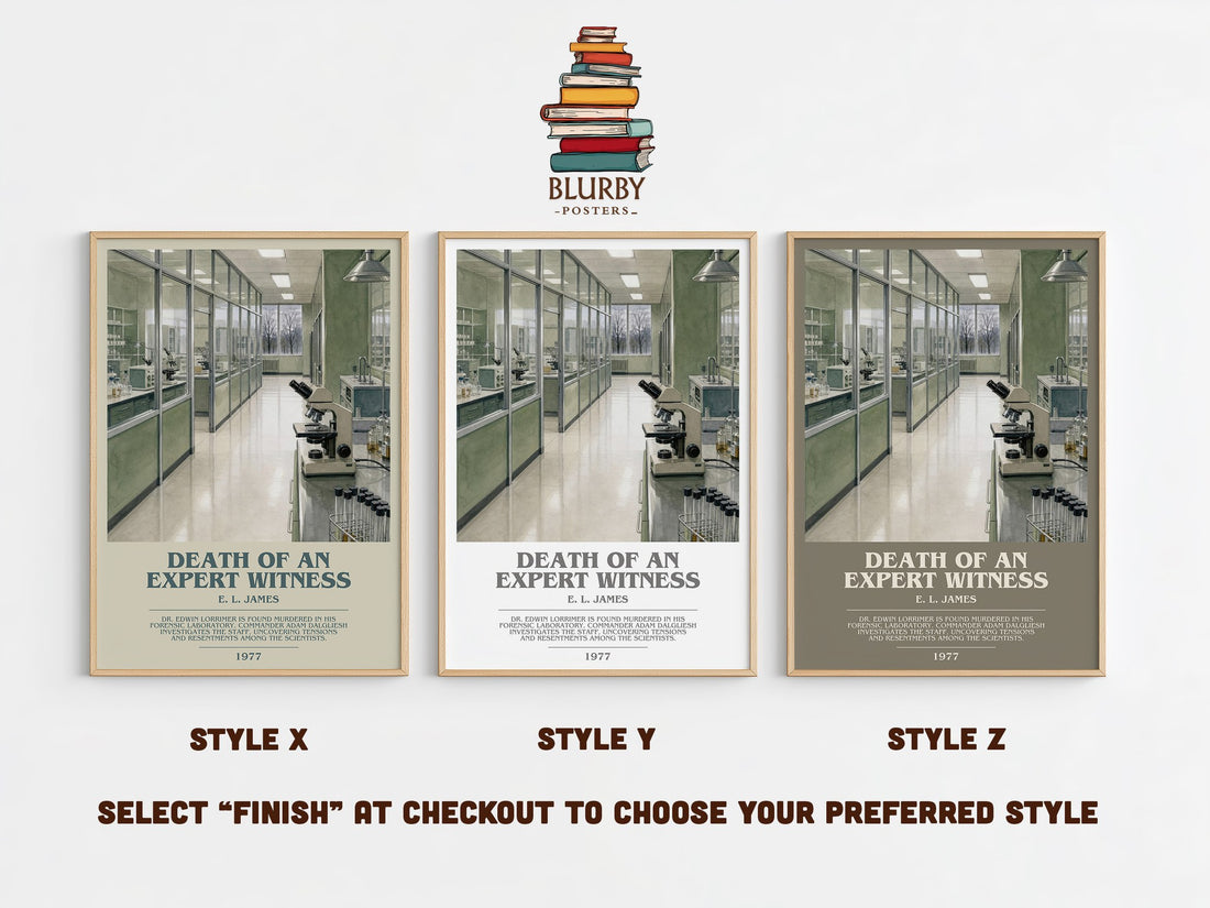 Death of an Expert Witness bookish print in frame leaning in hallway – crime wall art (mockup)