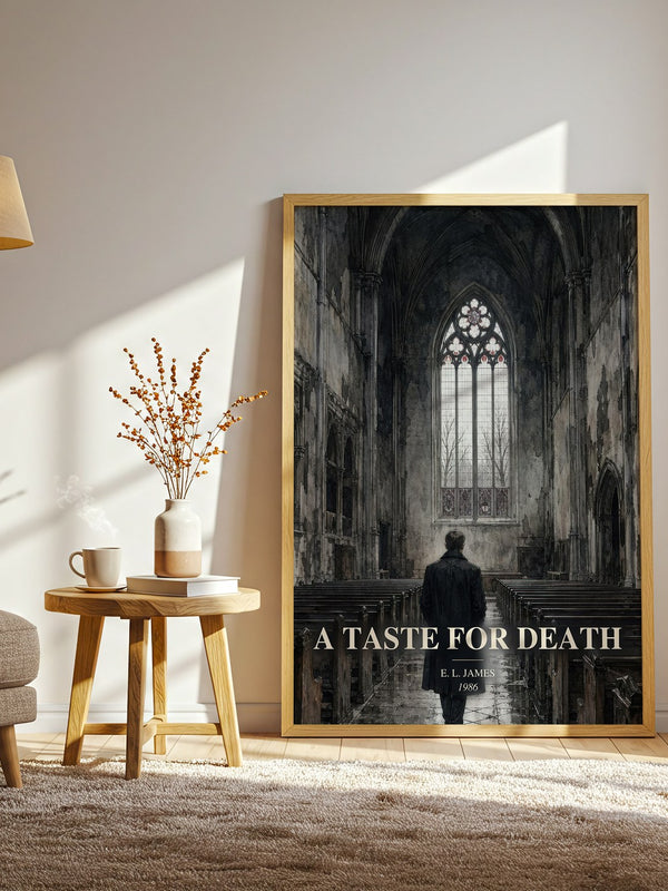 A Taste for Death watercolour print in frame leaning in hallway – mystery wall art