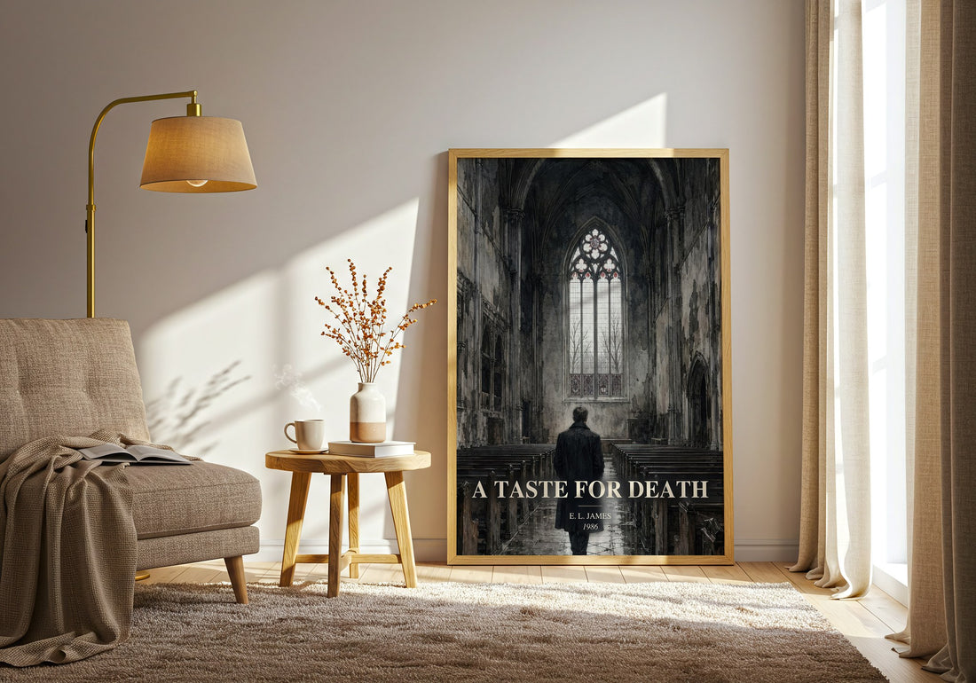 A Taste for Death watercolour print in frame leaning in hallway – mystery wall art (mockup)