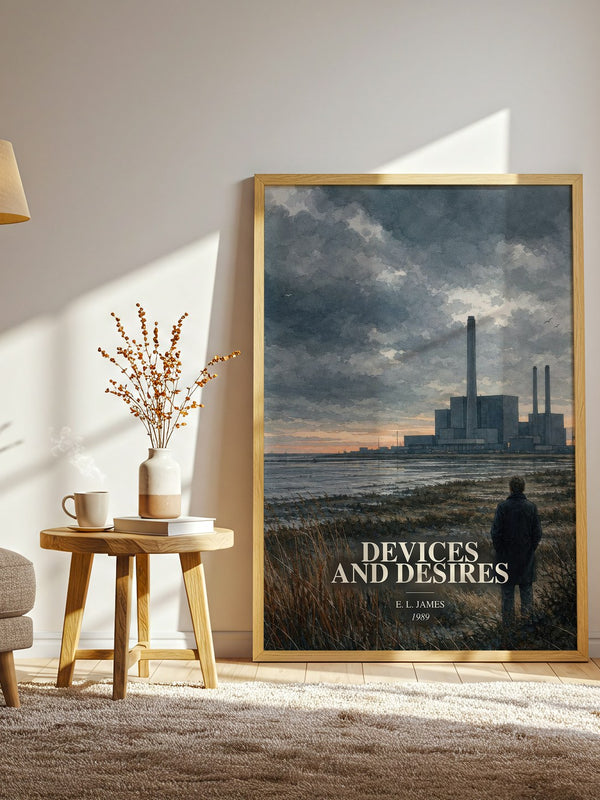 Devices and Desires watercolour print in frame leaning in hallway – mystery wall art