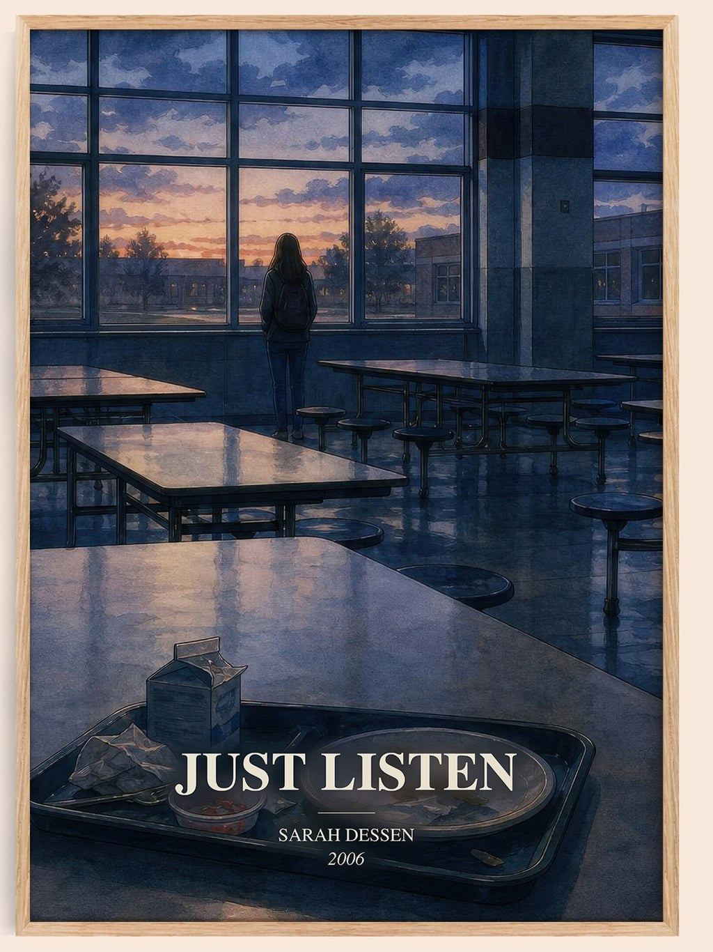 Just Listen watercolour book poster by Sarah Dessen – framed literary art print