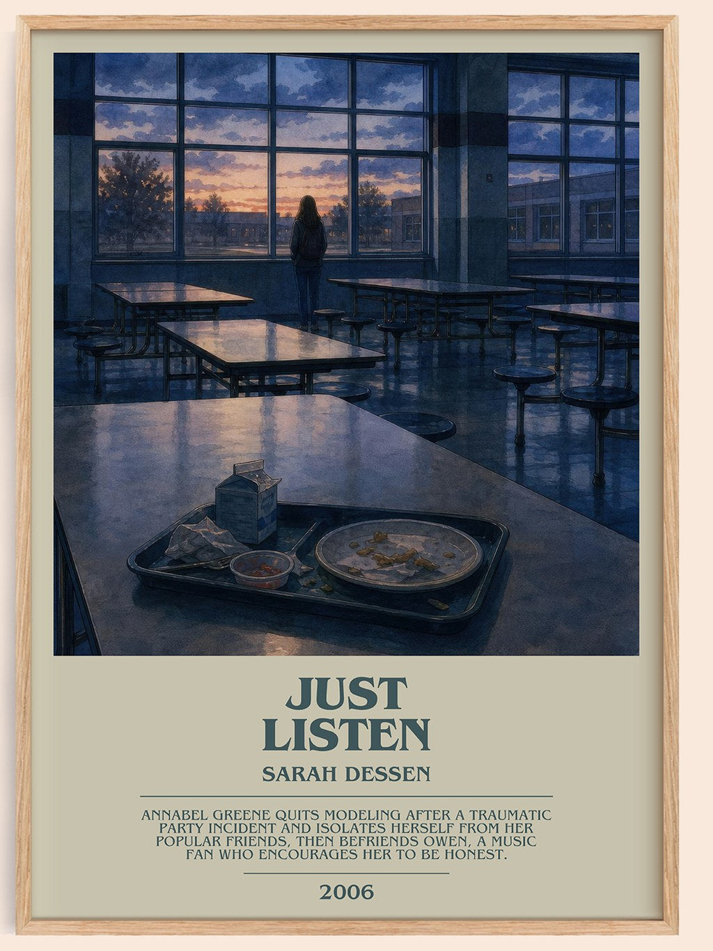 Just Listen bookish book poster by Sarah Dessen – framed literary art print