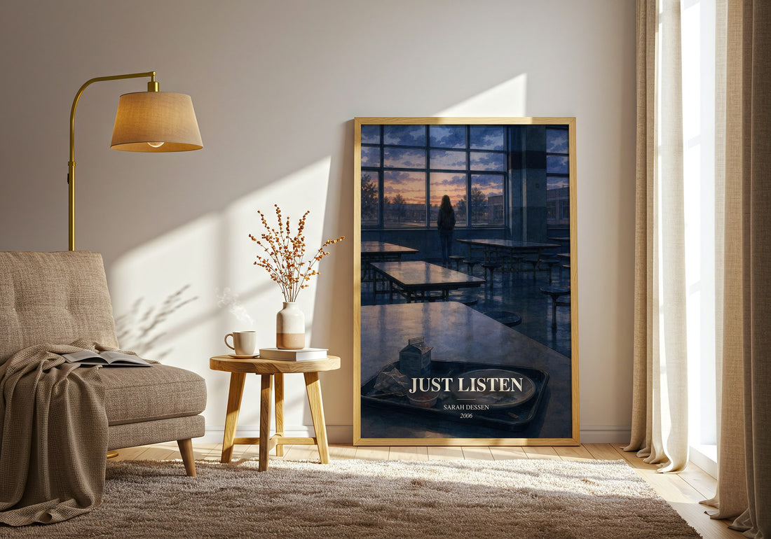 Just Listen watercolour print in frame leaning in hallway – young adult wall art (mockup)