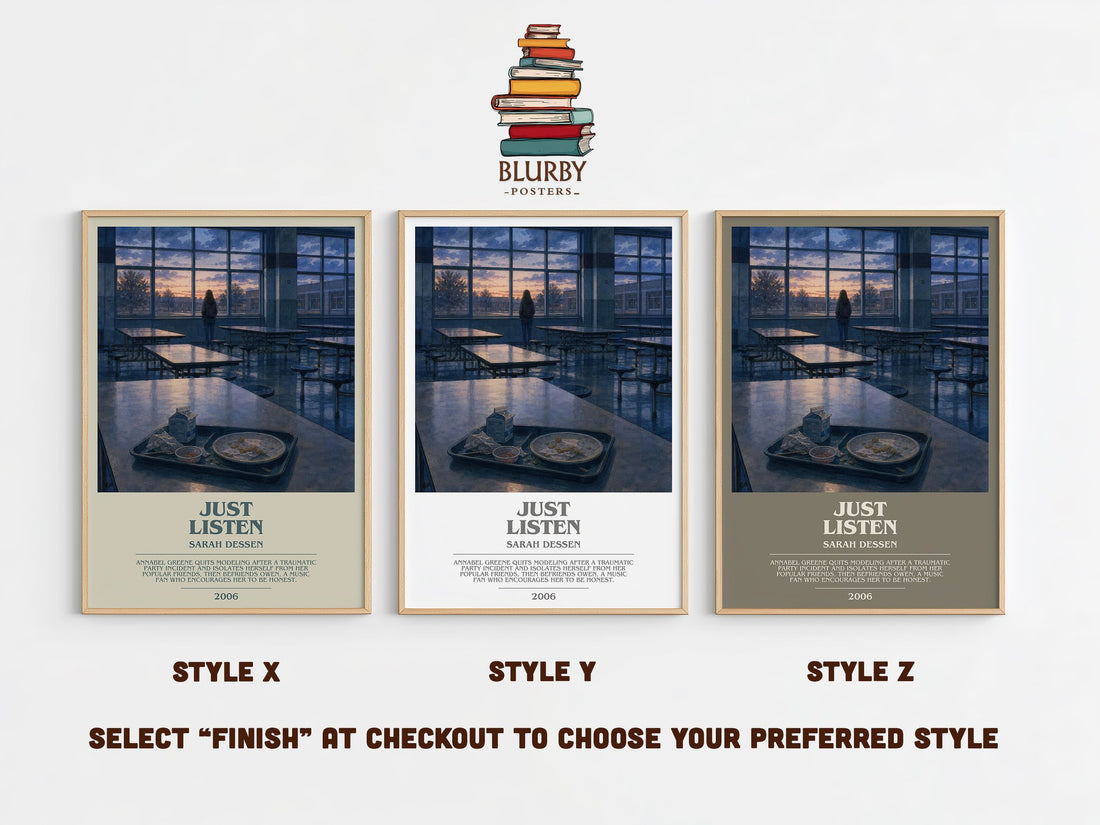Just Listen bookish print in frame leaning in hallway – young adult wall art (mockup)
