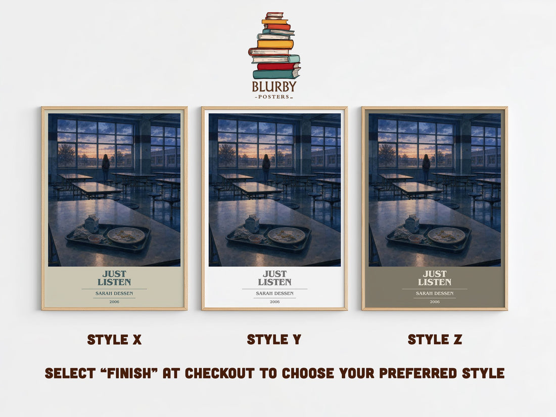 Just Listen book cover print in frame leaning in hallway – young adult wall art (mockup)