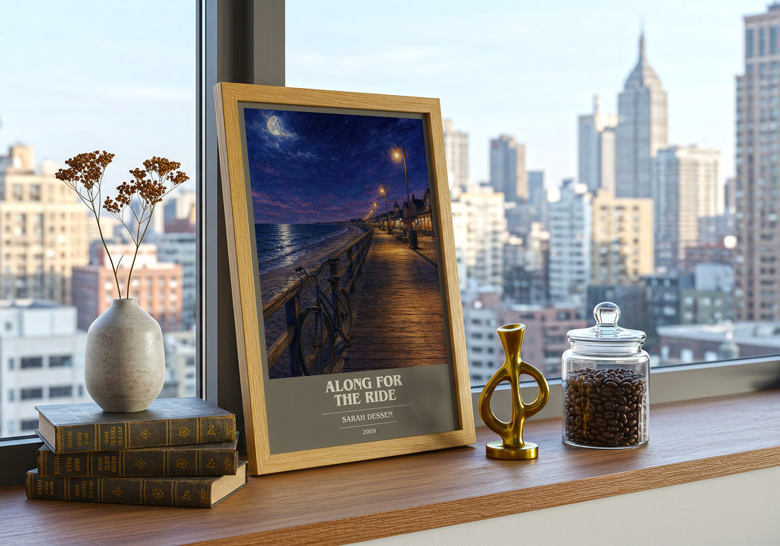 Along for the Ride book cover print framed by window – literary home decor