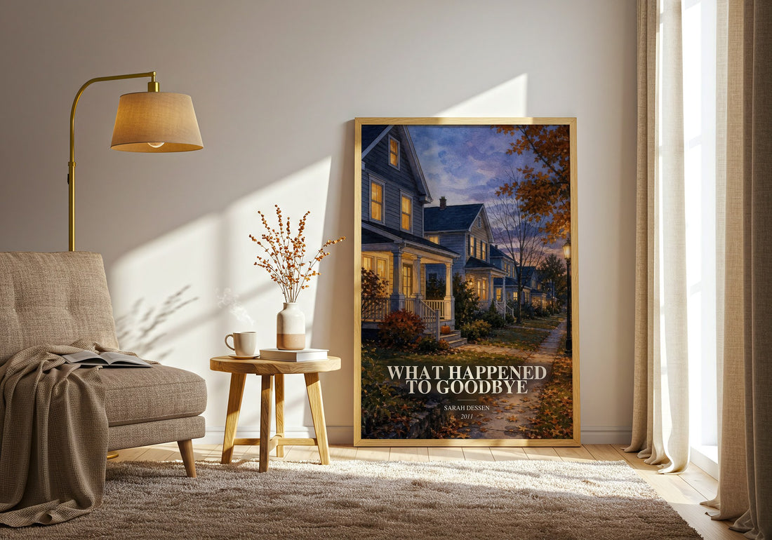 What Happened to Goodbye watercolour print in frame leaning in hallway – young adult wall art (mockup)