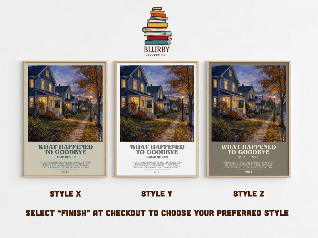 What Happened to Goodbye bookish print in frame leaning in hallway – young adult wall art (mockup)