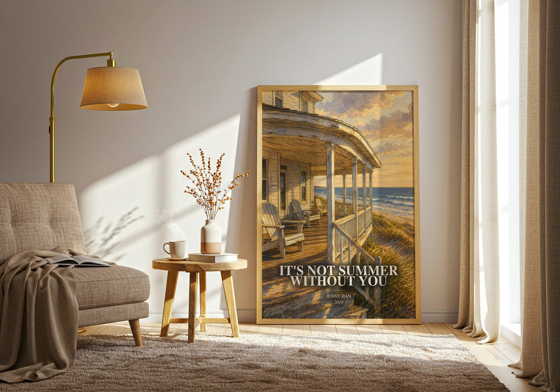 It's Not Summer Without You watercolour print in frame leaning in hallway – young adult wall art (mockup)