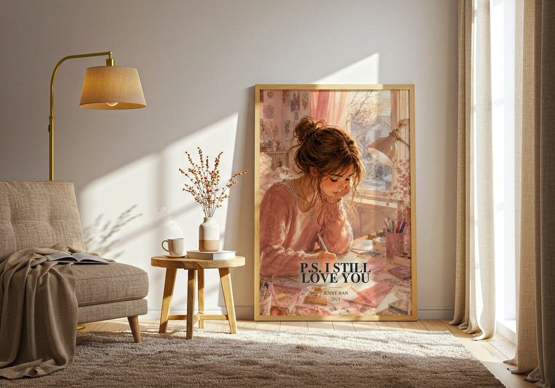 P.S. I Still Love You watercolour print in frame leaning in hallway – young adult wall art (mockup)