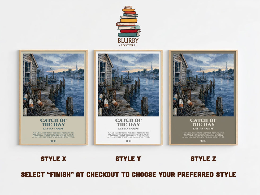 Catch of the Day bookish print in frame leaning in hallway – romance wall art (mockup)