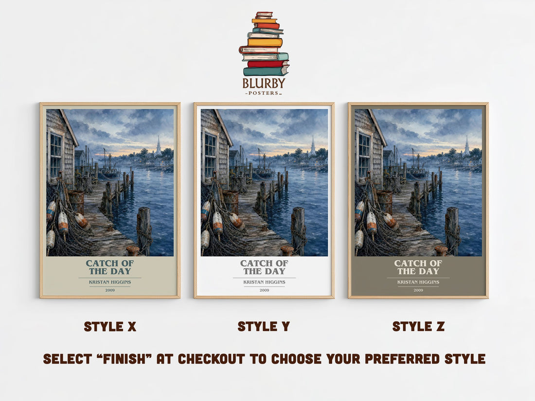Catch of the Day book cover print in frame leaning in hallway – romance wall art (mockup)