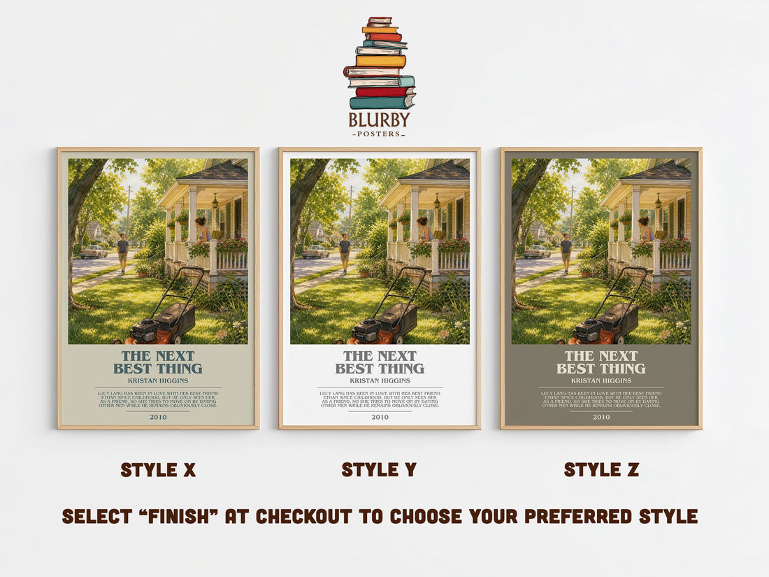 The Next Best Thing bookish print in frame leaning in hallway – romance wall art (mockup)