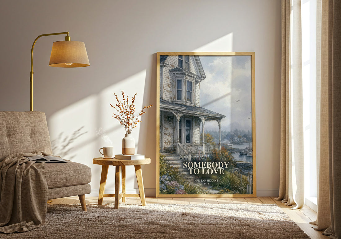 Somebody to Love watercolour print in frame leaning in hallway – romance wall art (mockup)
