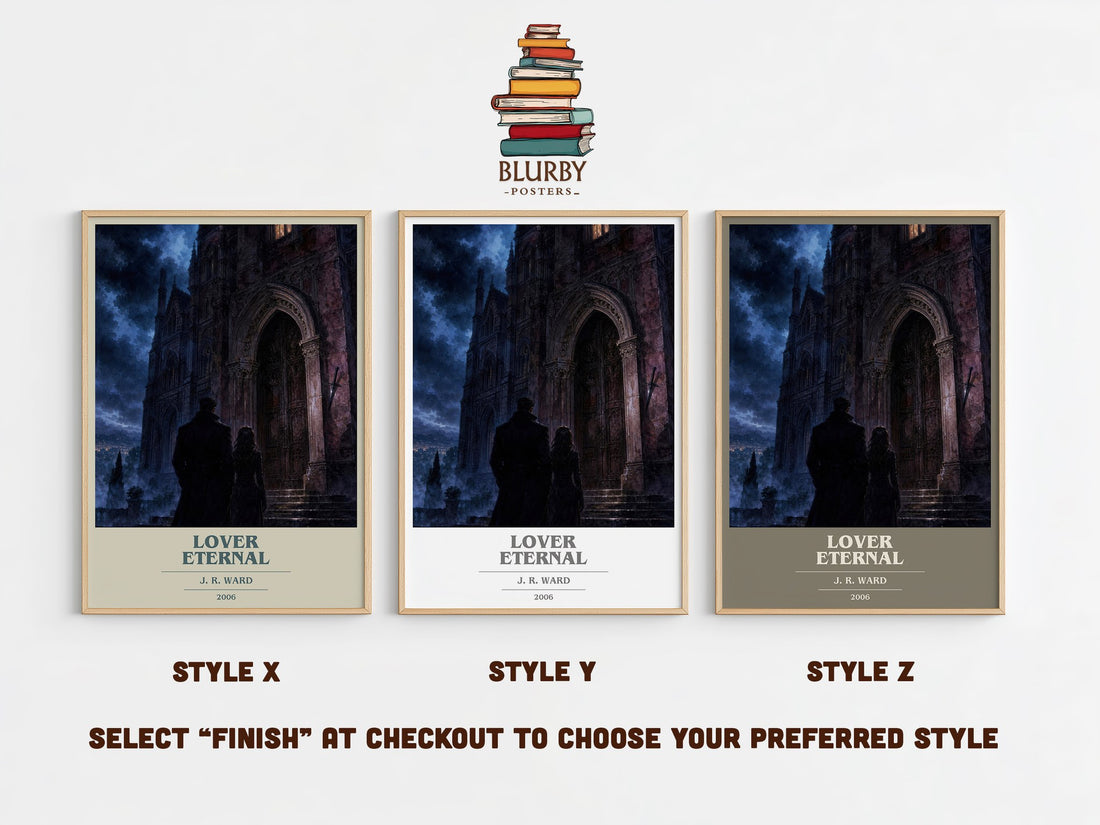 Lover Eternal book cover print in frame leaning in hallway – romance wall art (mockup)