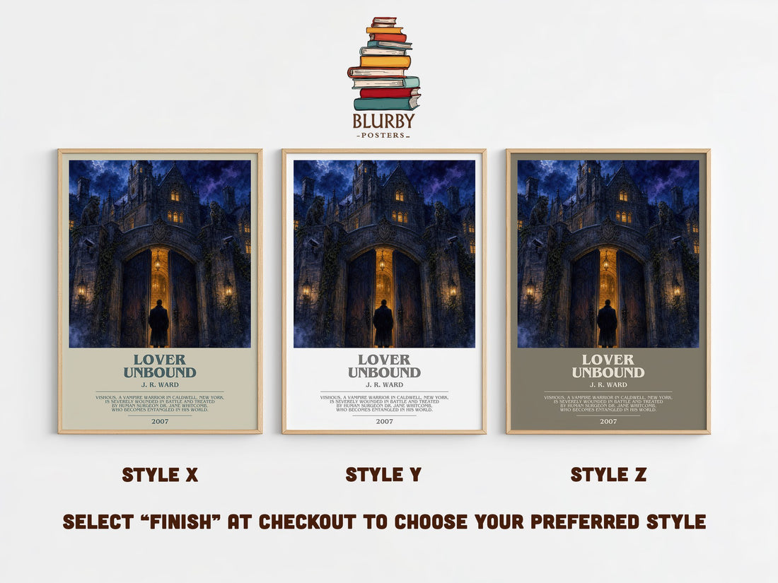 Lover Unbound bookish print in frame leaning in hallway – romance wall art (mockup)