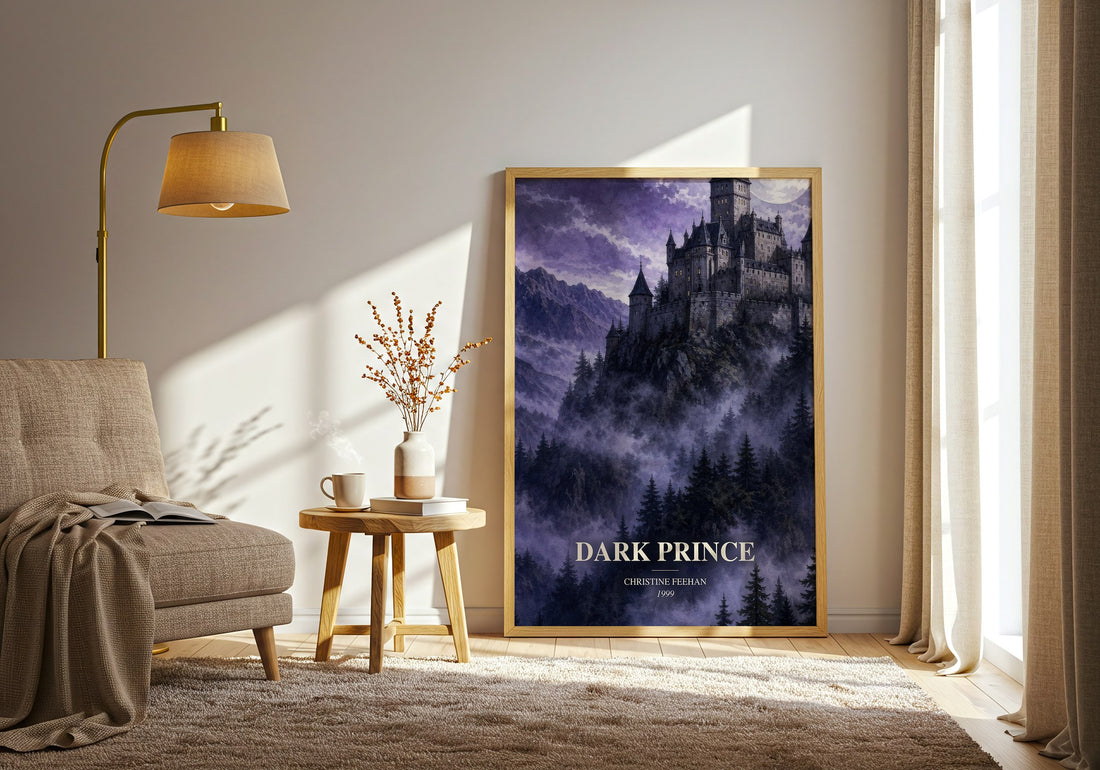 Dark Prince watercolour print in frame leaning in hallway – romance wall art (mockup)