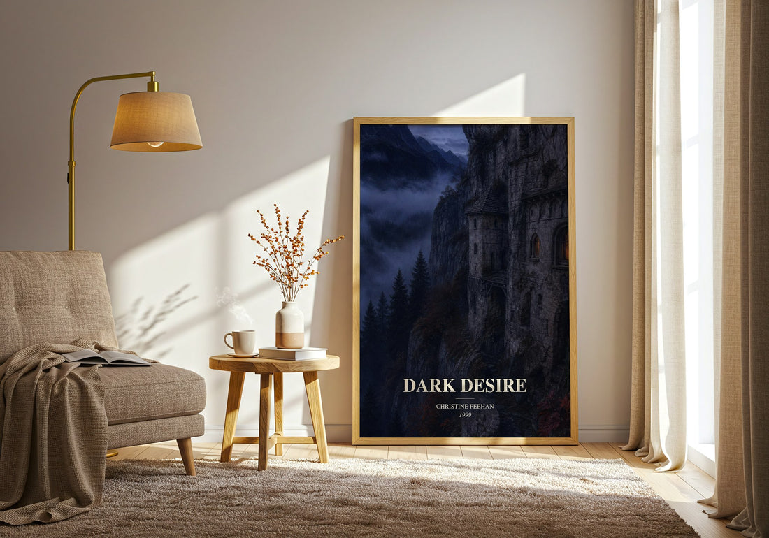 Dark Desire watercolour print in frame leaning in hallway – romance wall art (mockup)