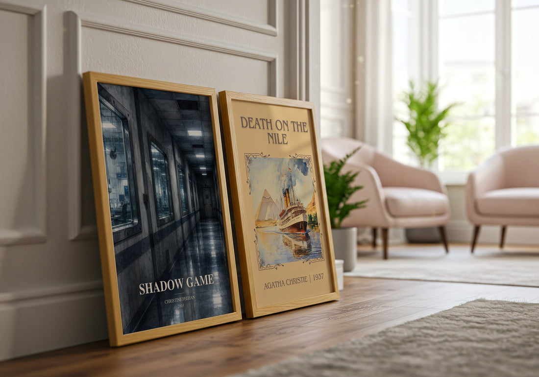 Shadow Game watercolour print framed by window – literary home decor