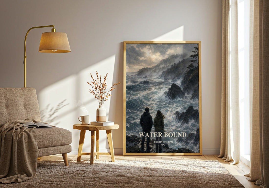 Water Bound watercolour print in frame leaning in hallway – romance wall art (mockup)