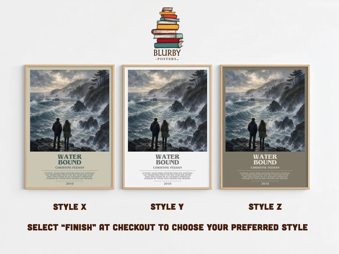 Water Bound bookish print in frame leaning in hallway – romance wall art (mockup)